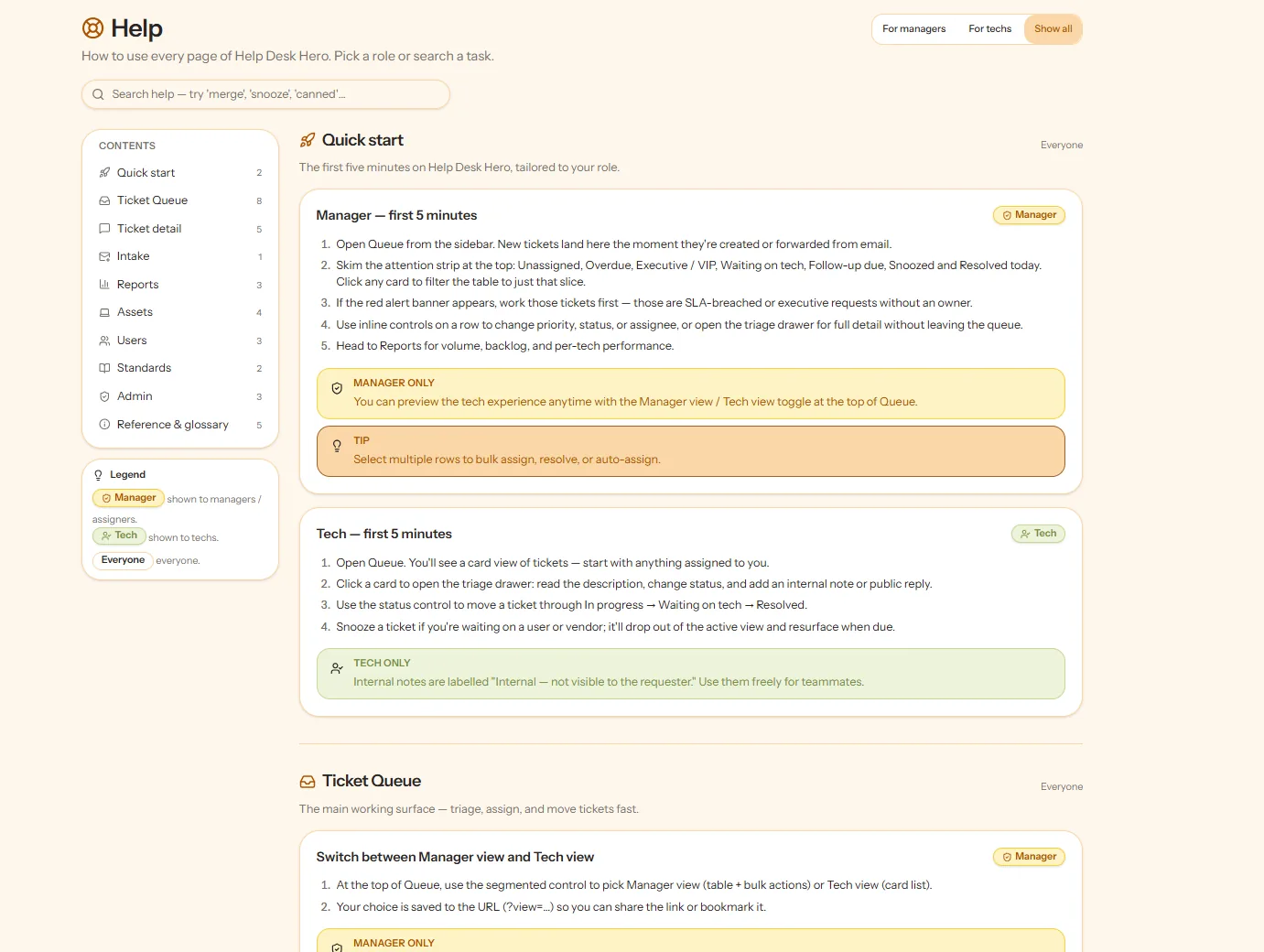 In-app help: every page documented by role, so managers and techs onboard without a training session.
