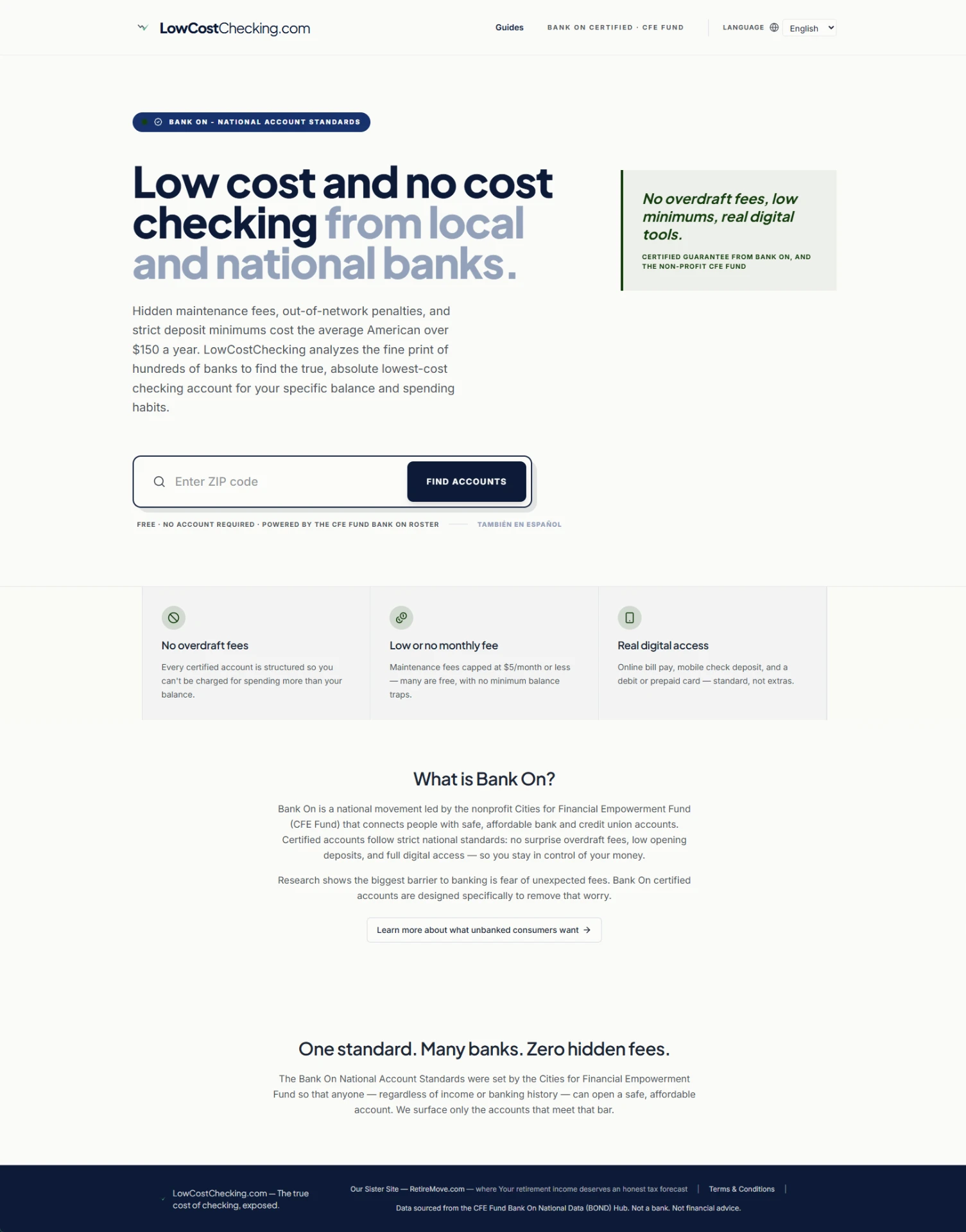 LowCostChecking — fee comparison interface