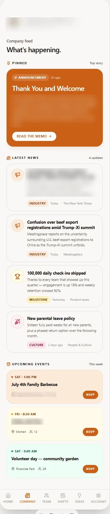 Company feed: a pinned leadership announcement, curated industry and internal news with source attribution, and RSVP-able upcoming events.