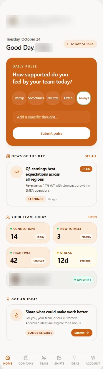 The daily home screen: pulse question, news of the day, team activity tiles, and the idea submission card.